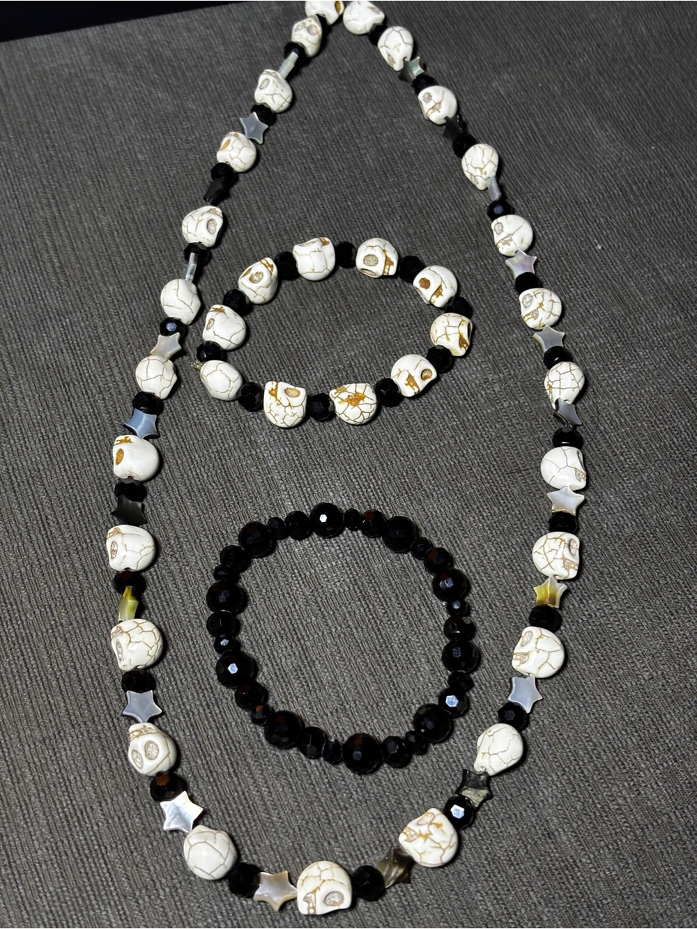 Handcrafted White Howlite Skull Necklace and Black Bead Bracelet Set - Picture 4 of 4